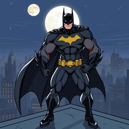 A stylized illustration of a muscular superhero in a sleek dark costume, with a bat emblem on the chest, standing heroically on a Gotham City rooftop at night