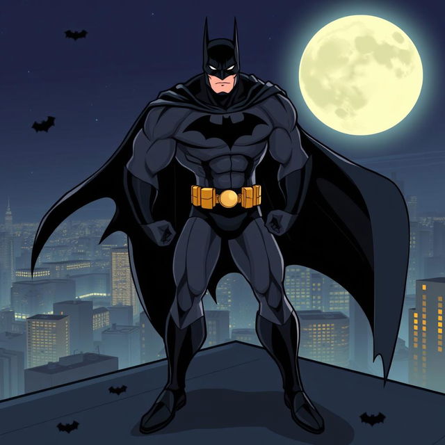 A stylized illustration of a muscular superhero in a sleek dark costume, with a bat emblem on the chest, standing heroically on a Gotham City rooftop at night