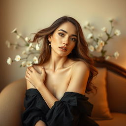 A beautiful woman posing elegantly in a tasteful manner, showcasing her natural beauty