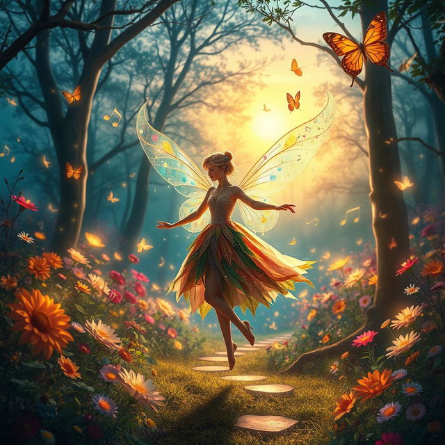 An enchanting fairytale scene depicting a whimsical forest with vibrant flowers and sparkling lights