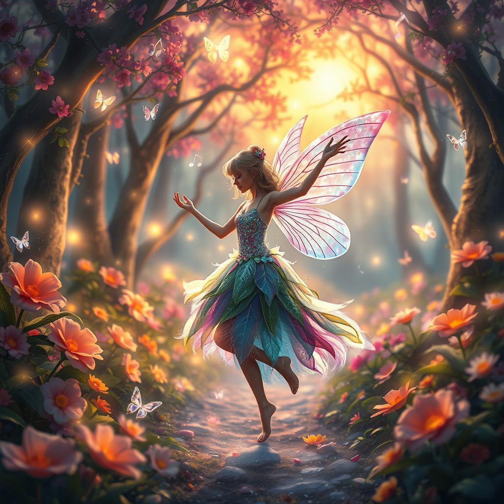 An enchanting fairytale scene depicting a whimsical forest with vibrant flowers and sparkling lights