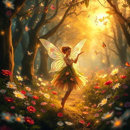 An enchanting fairytale scene depicting a whimsical forest with vibrant flowers and sparkling lights
