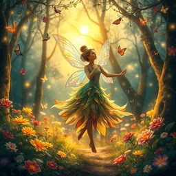 An enchanting fairytale scene depicting a whimsical forest with vibrant flowers and sparkling lights