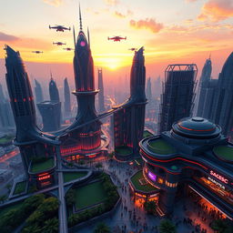 A stunning 3D render of a futuristic cityscape at sunset, featuring towering skyscrapers with intricate designs, illuminated by neon lights