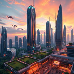 A stunning 3D render of a futuristic cityscape at sunset, featuring towering skyscrapers with intricate designs, illuminated by neon lights