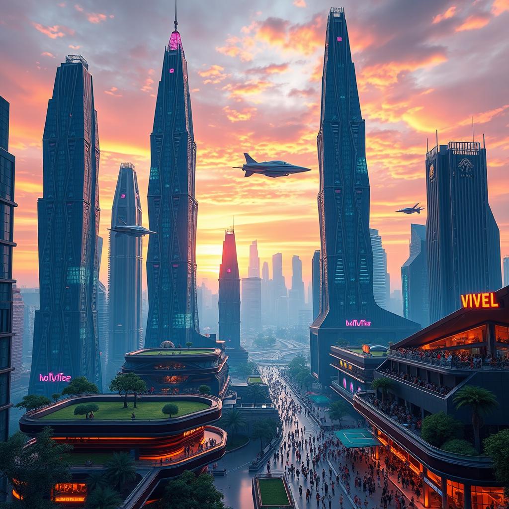 A stunning 3D render of a futuristic cityscape at sunset, featuring towering skyscrapers with intricate designs, illuminated by neon lights