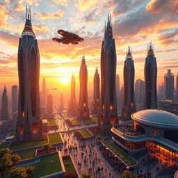 A stunning 3D render of a futuristic cityscape at sunset, featuring towering skyscrapers with intricate designs, illuminated by neon lights