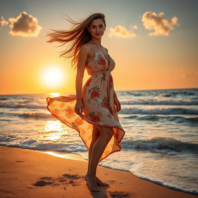 A stunning woman standing on a sandy beach with the waves of the sea gently lapping at her feet