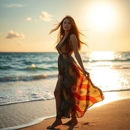 A stunning woman standing on a sandy beach with the waves of the sea gently lapping at her feet