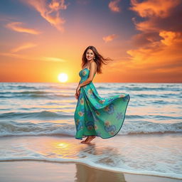 A beautiful woman standing gracefully on the shore of a serene beach, wearing a flowing, elegant long dress that gently sways with the breeze