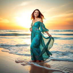 A beautiful woman standing gracefully on the shore of a serene beach, wearing a flowing, elegant long dress that gently sways with the breeze