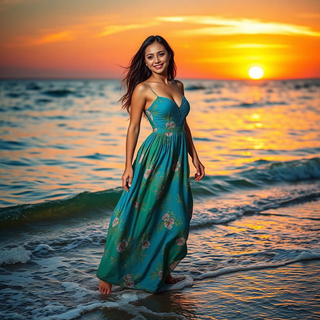 A beautiful woman standing gracefully on the shore of a serene beach, wearing a flowing, elegant long dress that gently sways with the breeze