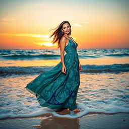 A beautiful woman standing gracefully on the shore of a serene beach, wearing a flowing, elegant long dress that gently sways with the breeze