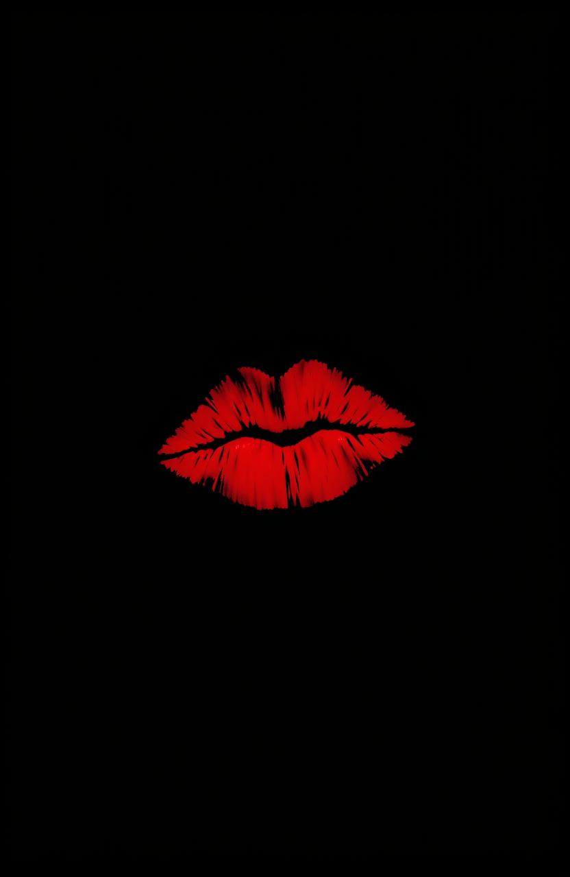 A striking image featuring a deep black background that creates a dramatic contrast with a vibrant crimson kiss mark in the center