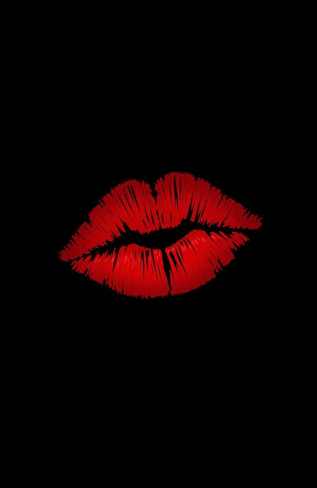 A striking image featuring a deep black background that creates a dramatic contrast with a vibrant crimson kiss mark in the center