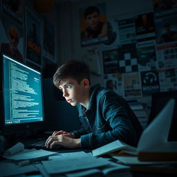 A young boy, determined and keen, sitting in front of his computer screen filled with code and digital clues, intensely searching for the identity of a hacker who disrupted an important exam