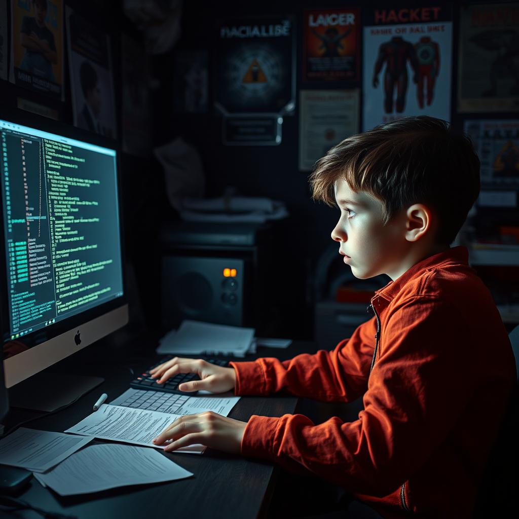 A young boy, determined and keen, sitting in front of his computer screen filled with code and digital clues, intensely searching for the identity of a hacker who disrupted an important exam