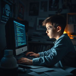 A young boy, determined and keen, sitting in front of his computer screen filled with code and digital clues, intensely searching for the identity of a hacker who disrupted an important exam
