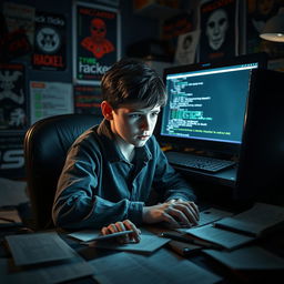A young boy, determined and keen, sitting in front of his computer screen filled with code and digital clues, intensely searching for the identity of a hacker who disrupted an important exam