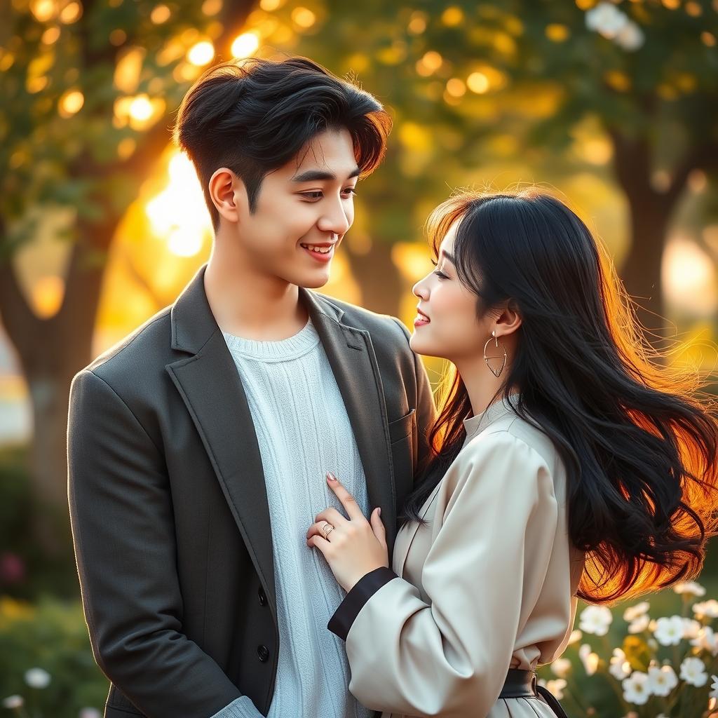 A romantic photo featuring two characters, one of them is a handsome young man resembling Hwang In Yeop with sharp features, styled black hair, and a charming smile