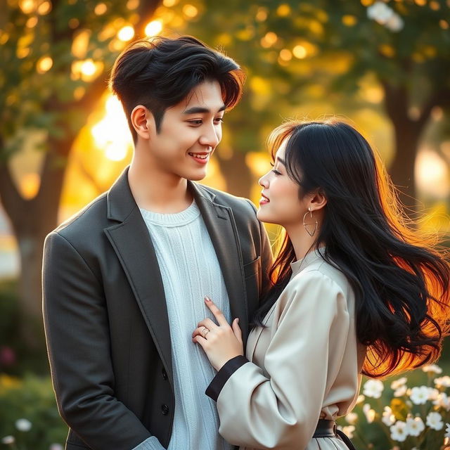 A romantic photo featuring two characters, one of them is a handsome young man resembling Hwang In Yeop with sharp features, styled black hair, and a charming smile