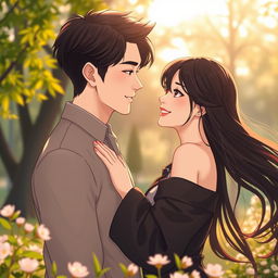 A romantic photo featuring two characters, one of them is a handsome young man resembling Hwang In Yeop with sharp features, styled black hair, and a charming smile