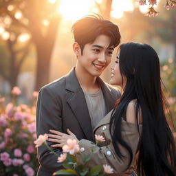 A romantic photo featuring two characters, one of them is a handsome young man resembling Hwang In Yeop with sharp features, styled black hair, and a charming smile