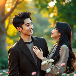 A romantic photo featuring two characters, one of them is a handsome young man resembling Hwang In Yeop with sharp features, styled black hair, and a charming smile