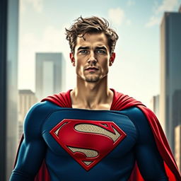 A striking portrait of Robert Pattinson dressed as Superman, featuring the iconic blue suit with the red cape and emblematic 'S' symbol on his chest