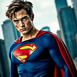 A striking portrait of Robert Pattinson dressed as Superman, featuring the iconic blue suit with the red cape and emblematic 'S' symbol on his chest