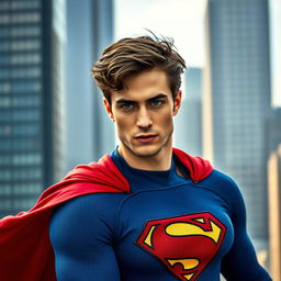 A striking portrait of Robert Pattinson dressed as Superman, featuring the iconic blue suit with the red cape and emblematic 'S' symbol on his chest