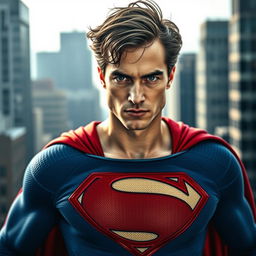 A striking portrait of Robert Pattinson dressed as Superman, featuring the iconic blue suit with the red cape and emblematic 'S' symbol on his chest