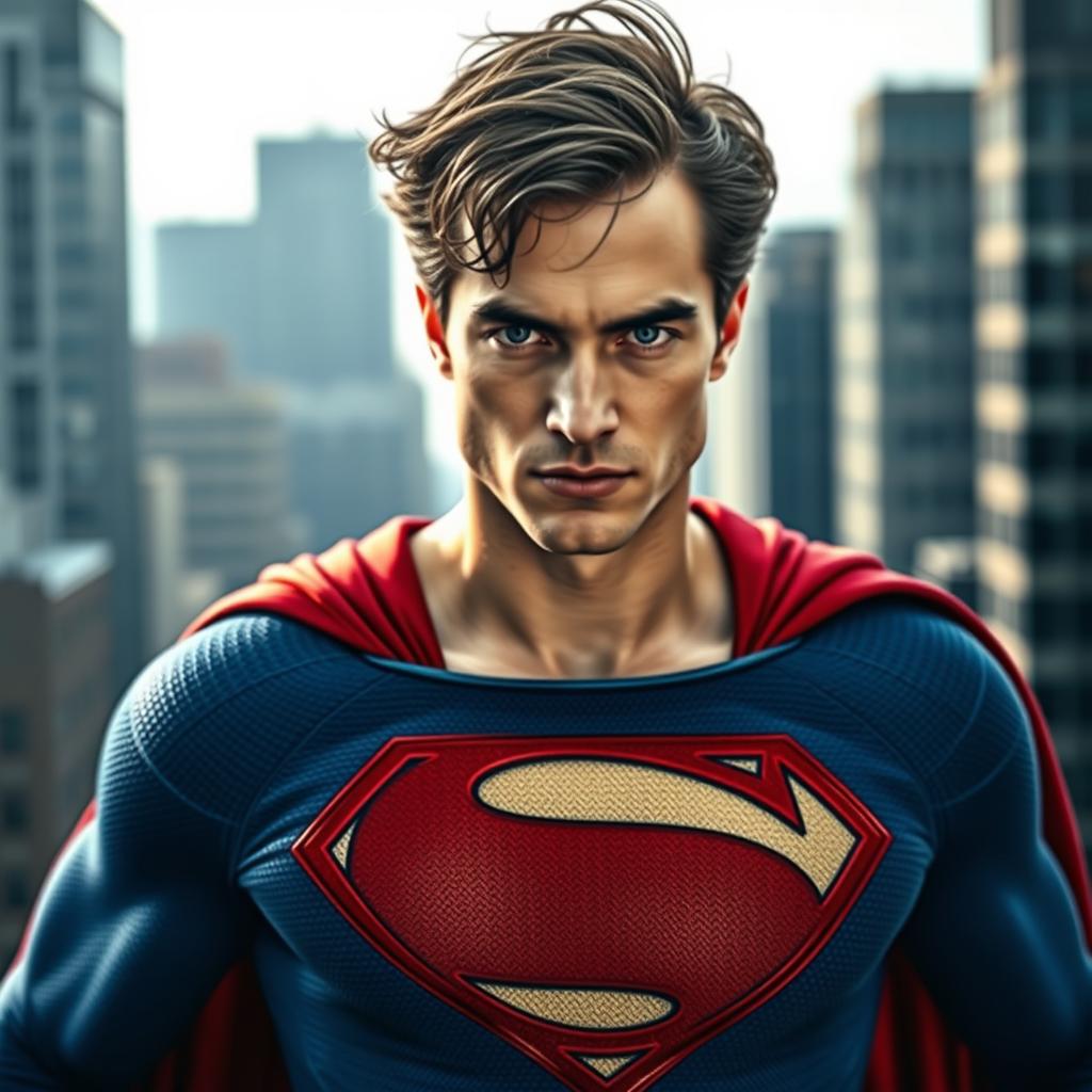 A striking portrait of Robert Pattinson dressed as Superman, featuring the iconic blue suit with the red cape and emblematic 'S' symbol on his chest