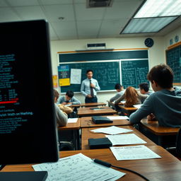 A scene capturing the intense atmosphere of a classroom during a math exam