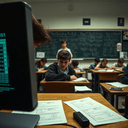 A scene capturing the intense atmosphere of a classroom during a math exam