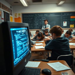 A scene capturing the intense atmosphere of a classroom during a math exam