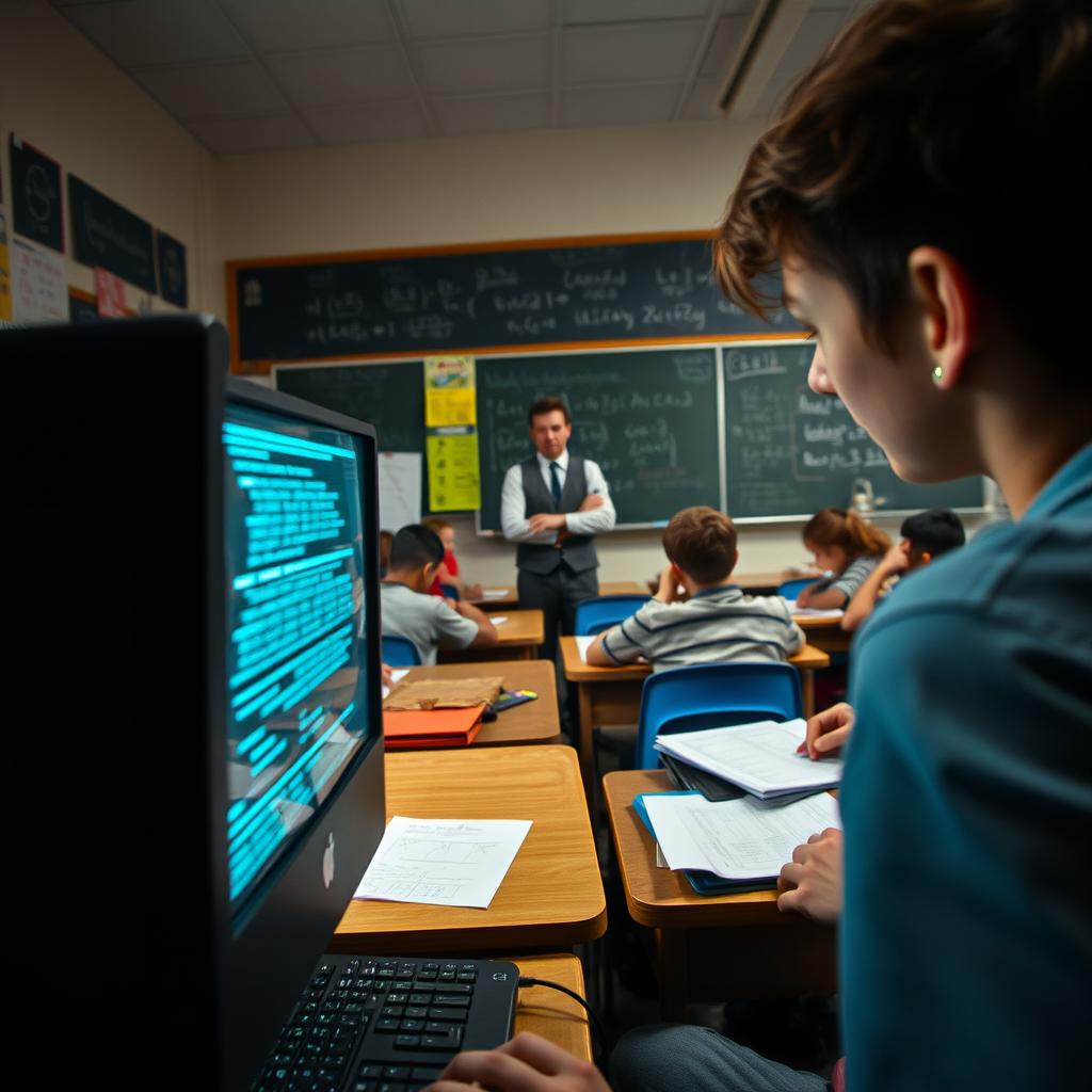 A scene capturing the intense atmosphere of a classroom during a math exam