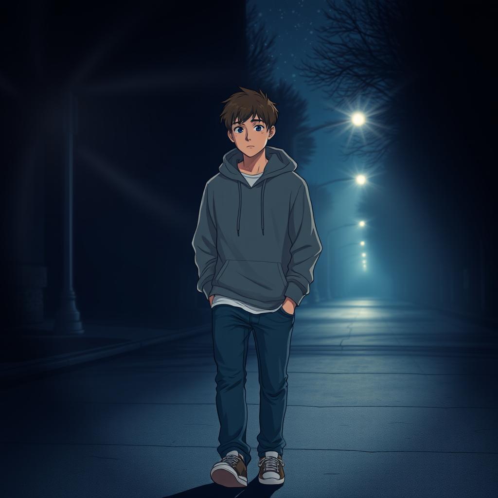 A teenage boy walking alone in a dimly lit street at night, wearing a casual outfit consisting of a hoodie and jeans