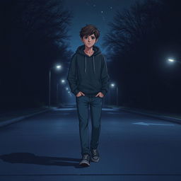 A teenage boy walking alone in a dimly lit street at night, wearing a casual outfit consisting of a hoodie and jeans