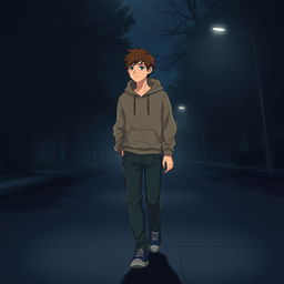 A teenage boy walking alone in a dimly lit street at night, wearing a casual outfit consisting of a hoodie and jeans