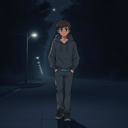 A teenage boy walking alone in a dimly lit street at night, wearing a casual outfit consisting of a hoodie and jeans