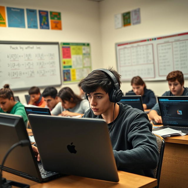 A dynamic classroom scene where students are engaged in taking a math exam on their laptops