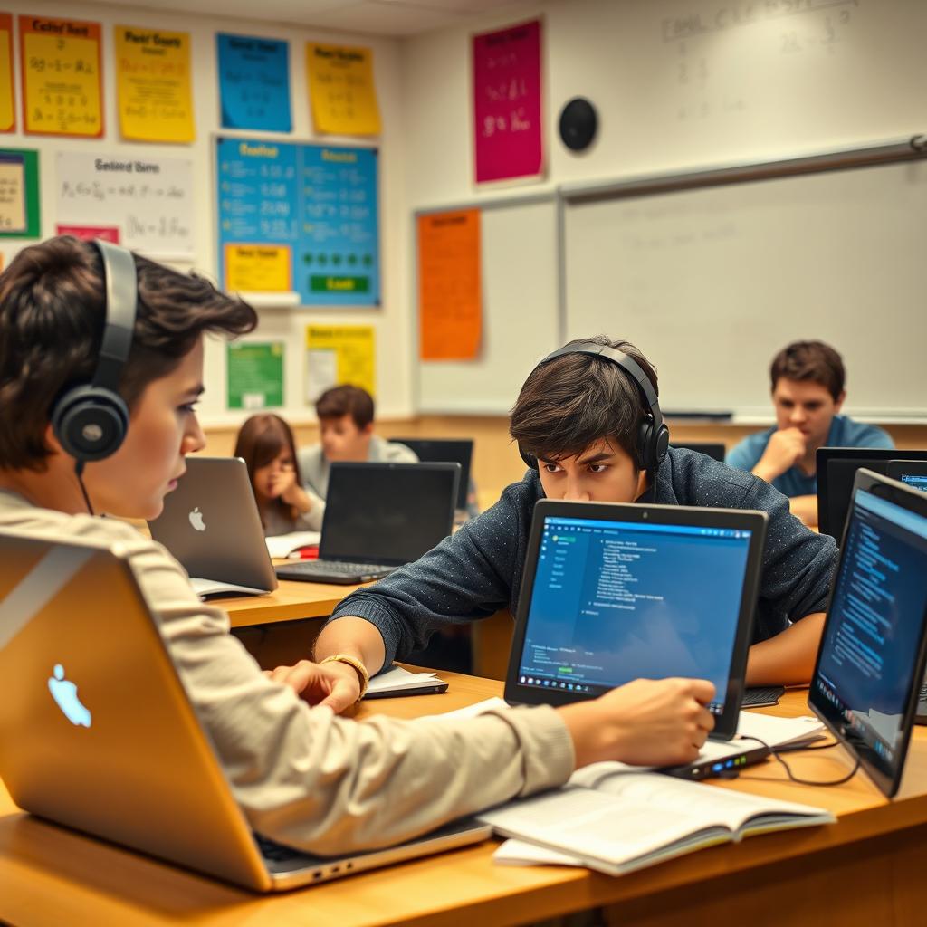A dynamic classroom scene where students are engaged in taking a math exam on their laptops