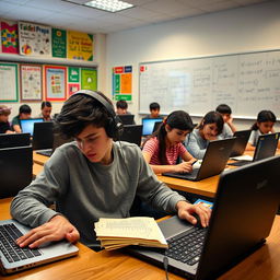 A dynamic classroom scene where students are engaged in taking a math exam on their laptops