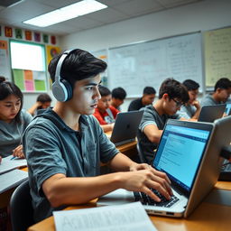 A dynamic classroom scene where students are engaged in taking a math exam on their laptops