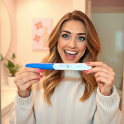 A young woman with an excited expression, holding a positive pregnancy test in her hand