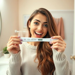 A young woman with an excited expression, holding a positive pregnancy test in her hand