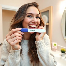 A young woman with an excited expression, holding a positive pregnancy test in her hand