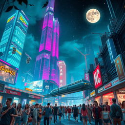 A fantastical night cityscape with towering skyscrapers illuminated by colorful neon lights, a bustling street filled with diverse people in stylish clothing, a futuristic monorail gliding above the street, and a starry sky with a glowing moon that adds a magical touch