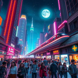 A fantastical night cityscape with towering skyscrapers illuminated by colorful neon lights, a bustling street filled with diverse people in stylish clothing, a futuristic monorail gliding above the street, and a starry sky with a glowing moon that adds a magical touch